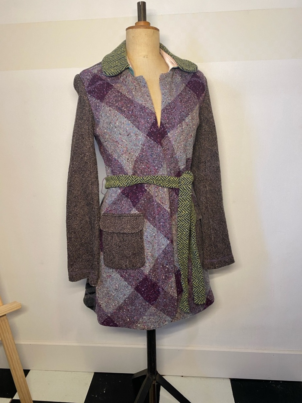 Gregory Parkinson Patchwork Tweed Coat Belted Wool Blend Artistic Jacket Size S
